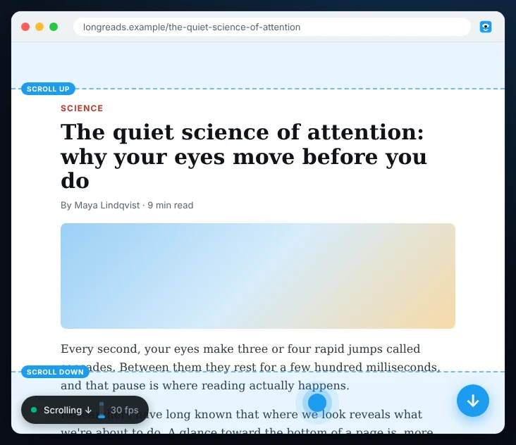 An article in a browser with shaded scroll bands at the top and bottom, a blue gaze dot in the bottom band and a status pill reading Scrolling down